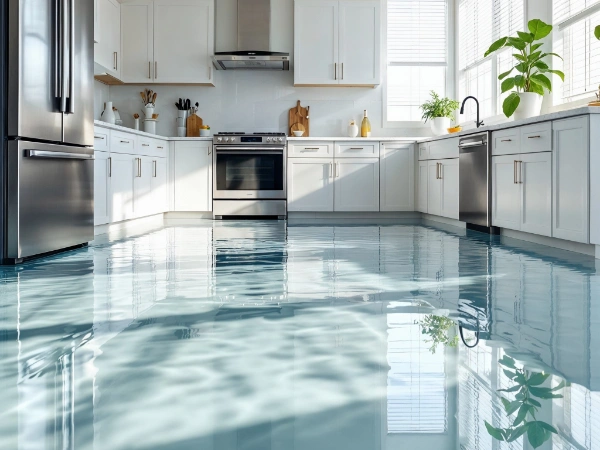 Überflutete Küche mit stehendem Wasser auf dem Boden nach Wasserschaden in Regensburg.
