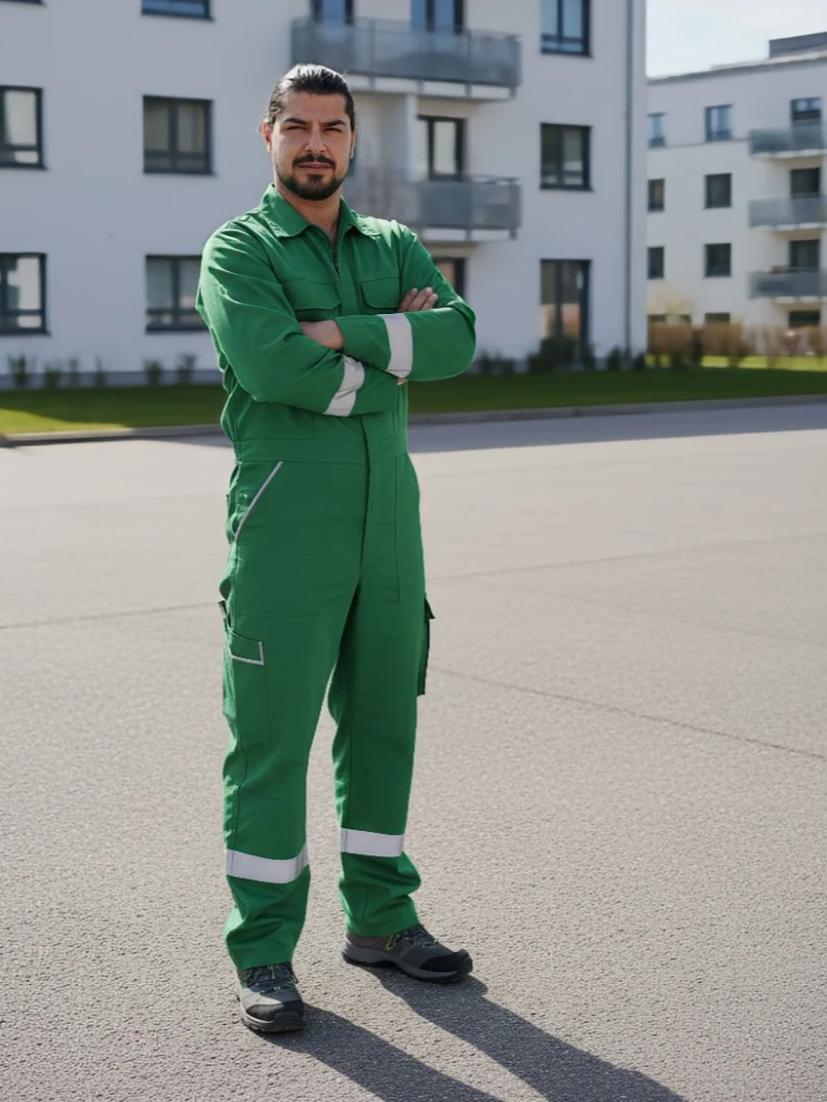 Serkan Karaoglu steht in grüner Arbeitskleidung vor einem modernen Mehrfamilienhaus in Regensburg.