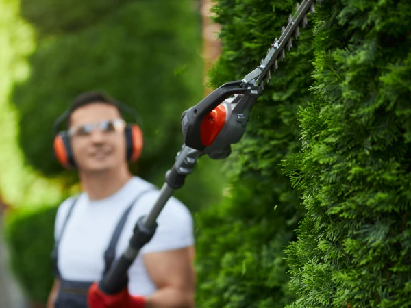 Mitarbeiter schneidet Hecke mit elektrischem Heckenschneider in Sinzing