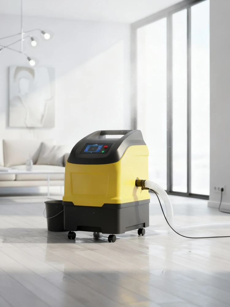 Bautrockner beseitigt Feuchtigkeit nach Wasserschaden im Wohnraum Professioneller Bautrockner im Einsatz nach einem Wasserschaden in einem modernen Wohnzimmer.